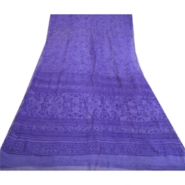 Sanskriti Vintage Purple Sarees Pure Chiffon Silk Printed Sari Craft 5 Yd Fabric, PRG-13120