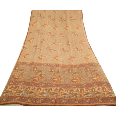 Sanskriti Vintage Ivory/Brown Sarees Pure Georgette Printed Sari Craft Fabric, PRG-13116