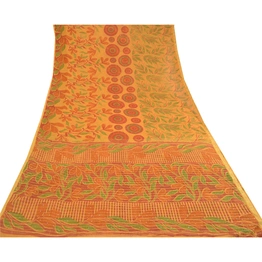 Sanskriti Vintage Sarees Mukesh Saffron Georgette Printed Sari 5Yd Craft Fabric, PRG-11674