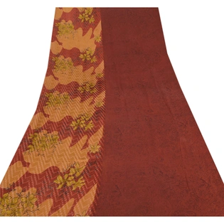 Sanskriti Vintage Indian Sari Brick Red Pure Silk Printed Sarees Craft Fabric, PRG-6903