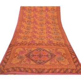 Sanskriti Vintage Saffron Sarees Blend Georgette Printed Fabric Craft Decor Sari, PRG-7506