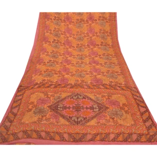 Sanskriti Vintage Saffron Sarees Blend Georgette Printed Fabric Craft Decor Sari, PRG-7506