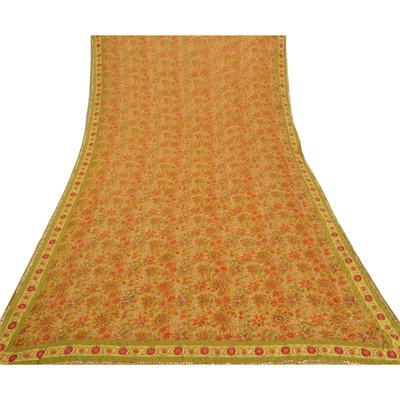 Sanskriti Vintage Mustard Sarees Blend Georgette Printed Sari 5 Yd Craft Fabric, PRG-8059