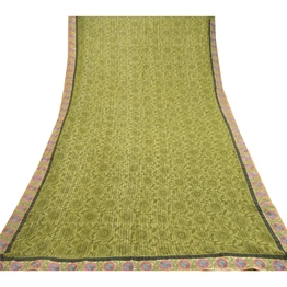 Sanskriti Vintage Green Sarees Blend Georgette Printed Woven Sari Craft Fabric, PRG-10108