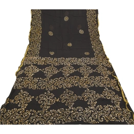 Sanskriti Vintage Black Sarees Blend Georgette Batik Printed Sari Craft Fabric, PRG-9755