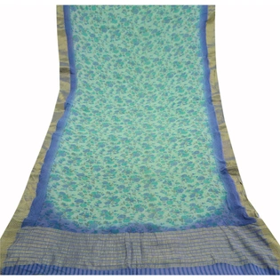 Sanskriti Vintage Green Sarees Blend Georgette Printed Zari Sari Craft Fabric, PRG-10121