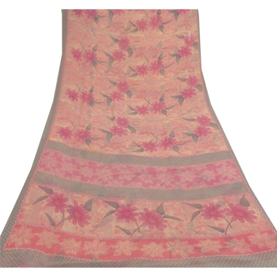 Sanskriti Vintage Pink Sarees Georgette Printed Sari Floral Décor Craft Fabric, PRG-9229