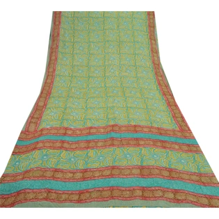 Sanskriti Vintage Green Saree Blend Georgette Printed Sari 5 Yard Craft Fabric, PRG-8569