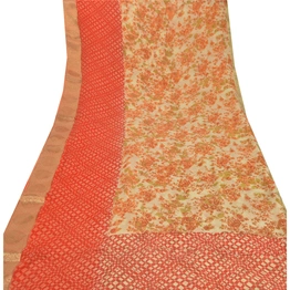 Sanskriti Vintage Cream Sarees Blend Georgette Printed Sari 5Yd Craft Fabric, PRG-5901