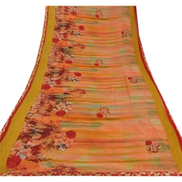 Sanskriti Vintage Peach Sarees Georgette Printed Sari 5 Yard Craft Decor Fabric, PRG-5386