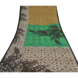 Sanskriti Vintage Sarees Green Printed Sari Pure Georgette Silk 5Yd Craft Fabric, PRG-7731