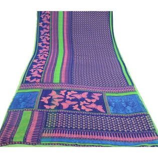 Sanskriti Vintage Blue Sarees Poly Georgette Printed Sari 5Yd Decor Craft Fabric, PRG-10155