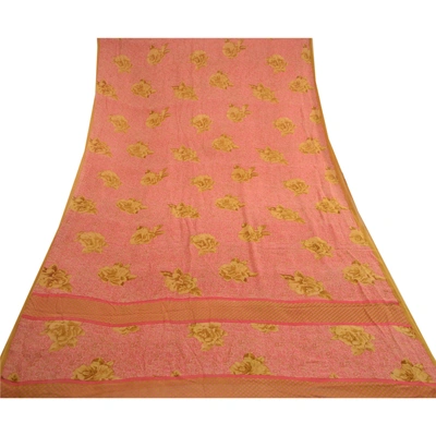 Sanskriti Vintage Pink Sarees Pure Georgette Silk Printed Sari Soft Craft Fabric, PRG-11162