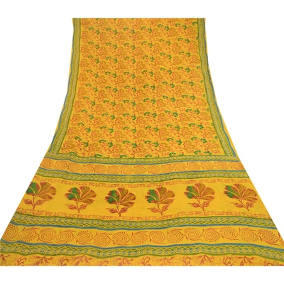 Sanskriti Vintage Sarees Yellow 100% Pure Georgette Silk Printed Sari Soft Fabric, PRG-11820