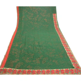 Sanskriti Vintage Green Sarees Embroidered Patch Pure Georgette Silk Sari Fabric, PRG-10981