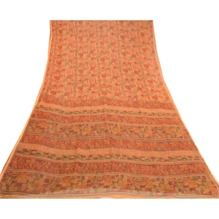 Sanskriti Vintage Orange Indian Sarees Pure Georgette Silk Sari 5Yd Craft Fabric, PRG-10861