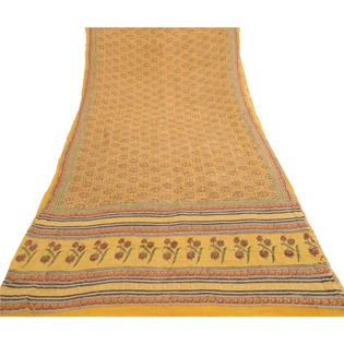 Sanskriti Vintage Sarees Yellow Block Printed Pure Georgette Silk Sari Fabric, PRG-12066