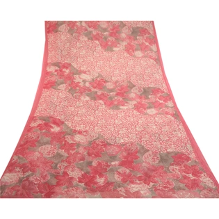 Sanskriti Vintage Pink Indian Sarees Chiffon Printed Sari Floral Craft Fabric, PRG-11184