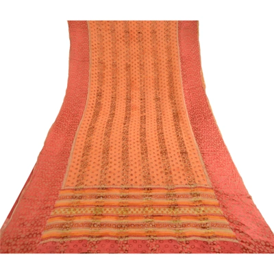 Sanskriti Vintage Saree Orange Pure Georgette Silk Printed Woven Sari 5Yd Fabric, PRG-12156