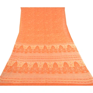 Sanskriti Vintage Indian Orange Sarees Georgette Printed Sari 5Yd Craft Fabric, PRG-11303