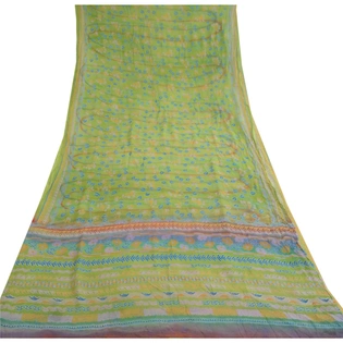 Sanskriti Vintage Green Pure Chiffon Silk Sarees Printed Sari 5Yd Craft Fabric, PRG-10693