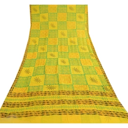 Sanskriti Vintage Lemon Green Pure Chiffon Silk Sarees Printed Sari Craft Fabric, PRG-10696