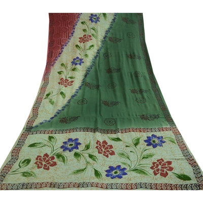 Sanskriti Vintage Saree Block Printed Green Blend Georgette Sari Craft Fabric, PRG-12267