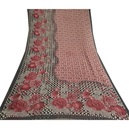 Sanskriti Vintage Sarees Dusty Red Georgette Printed Sari Floral Craft Fabric, PRG-11449