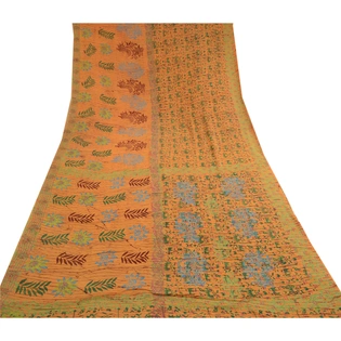 Sanskriti Vintage Sarees Mustard Pure Georgette Silk Printed Sari Craft Fabric, PRG-11467