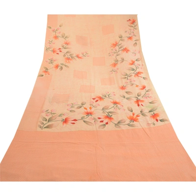 Sanskriti Vintage Saree Peach Pure Georgette Silk Printed Sari 5Yd Craft Fabric, PRG-12149