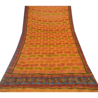 Sanskriti Vintage Sarees Saffron Blend Georgette Woven Printed Sari Craft Fabric, PRG-9652