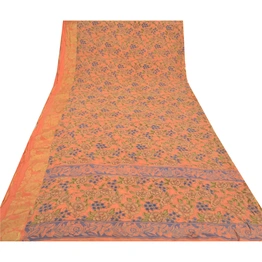 Sanskriti Vintage Peach Saree Blend Georgette Printed Sari 5 Yard Craft Fabric, PRG-9089