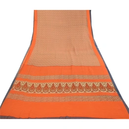 Sanskriti Vintage Sarees Indian Orange Georgette Printed Sari Soft Craft Fabric, PRG-12434