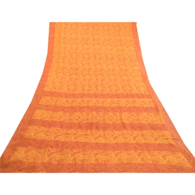 Sanskriti Vintage Sarees Yellow Pure Georgette Silk Printed Sari Craft Fabric, PRG-12476