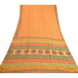 Sanskriti Vintage Sarees Saffron Pure Georgette Silk Printed Sari Craft Fabric, PRG-12471