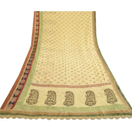 Sanskriti Vintage Sarees Ivory Hand Block Print Lace Blend Georgette Sari Fabric, PRG-12527