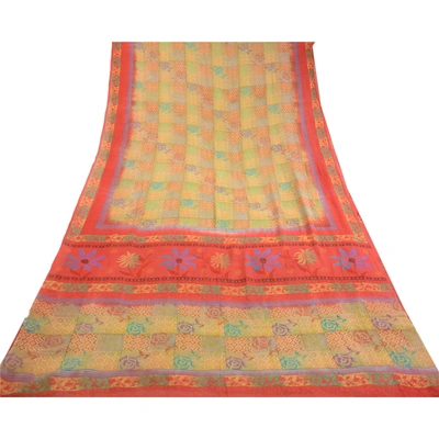 Sanskriti Vintage Sarees Multi Pure Georgette Silk Printed Sari 5Yd Craft Fabric, PRG-12417