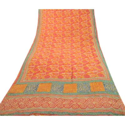 Sanskriti Vintage Orange Sarees Pure Georgette Silk Printed Sari Craft Fabric, PRG-2486