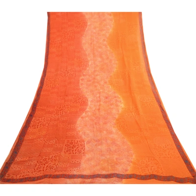 Sanskriti Vintage Orange Sarees Blend Chiffon Printed Sari Craft 5 Yard Fabric, PRG-4832