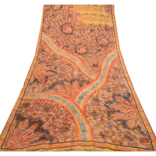 Sanskriti Vintage Brown Sarees Indian Pure Georgette Silk Printed Sari Fabric, PRG-2472