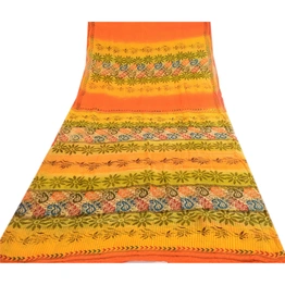 Sanskriti Vintage Yellow Sarees Pure Georgette Silk Printed Sari Craft Fabric, PRG-4062