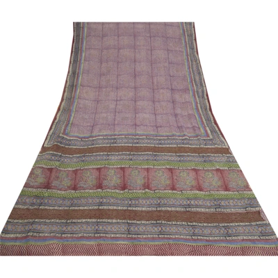 Sanskriti Vintage Purple Sarees Pure Georgette Silk Printed Sari Craft Fabric, PRG-9779