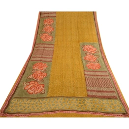 Sanskriti Vintage Mustard Sarees Pure Georgette Silk Printed Sari Craft Fabric, PRG-3637