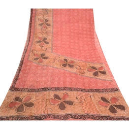 Sanskriti Vintage Pink Sarees Blend Georgette Printed Sari Craft 5 Yard Fabric, PRG-10303