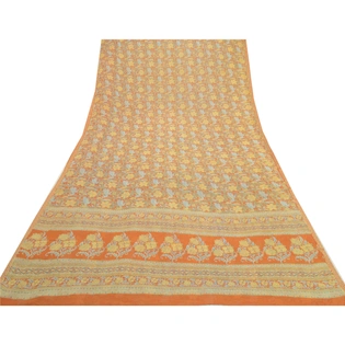 Sanskriti Vintage Sarees Indian Orange Georgette Printed Sari Soft Craft Fabric, PRG-12590