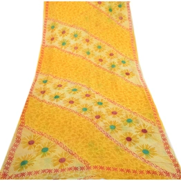 Sanskriti Vintage Yellow Indian Sarees Printed Blend Georgette Sari Craft Fabric, PRG-1434