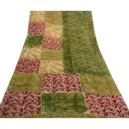 Sanskriti Vintage Sarees Green Indian Blend Georgette Printed Sari Craft Fabric, PRG-1661