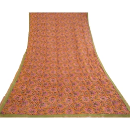 Sanskriti Vintage Sarees Saffron Printed Pure Georgette Silk Sari Craft Fabric, PRG-11692