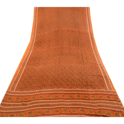 Sanskriti Vintage Orange Sarees Pure Georgette Silk Printed Sari Craft Fabric, PRG-3110