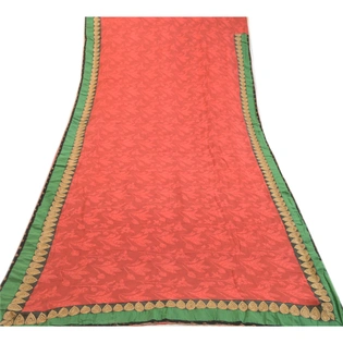 Sanskriti Vintage Red Indian Sarees Print Lace Work Blend Georgette Sari Fabric, PRG-2265